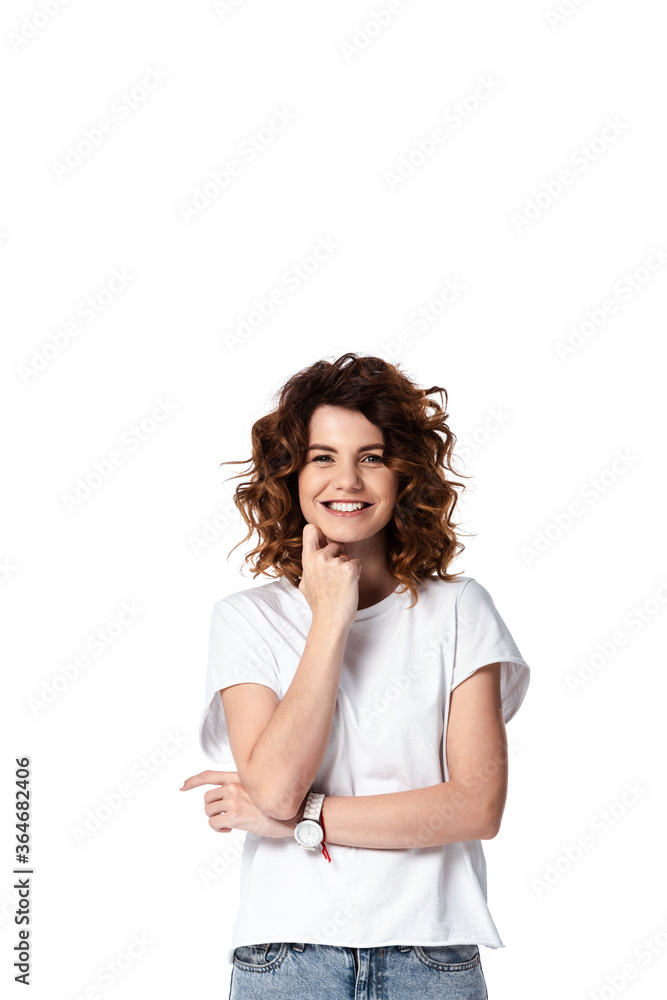 happy and curly woman standing isolated on white happy and curly woman standing isolated on white