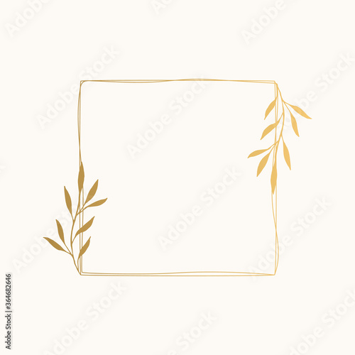Squared botanical frame. Hand drawn  golden borders. Vector isolated illustration.