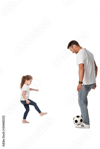 happy father playing football with cute daughter isolated on white