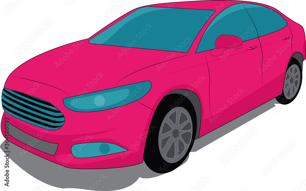 Modern beautiful pink car on a white background. Machine for a girl, vector illustration. Female version of a fuchsia machine
