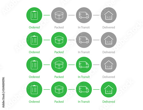 Delivery order status. Shipping process steps in green color. Shipment tracking map. Set of parcel infographic. Ordered, packed, in transit and delivered status. Isolated delivery status. EPS 10.