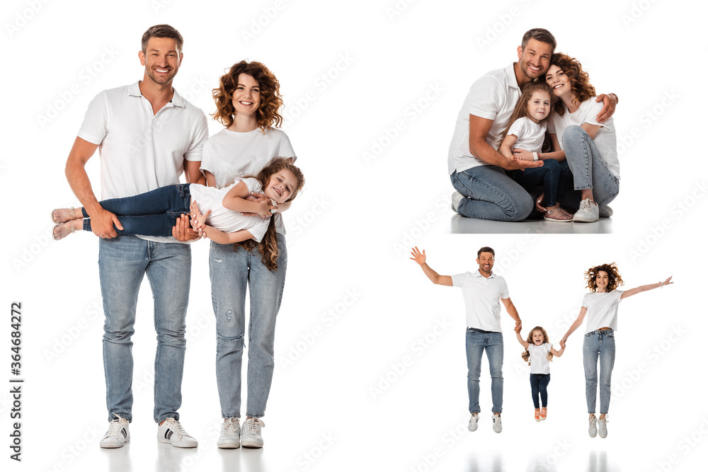 collage of cheerful family holding hands and hugging on white