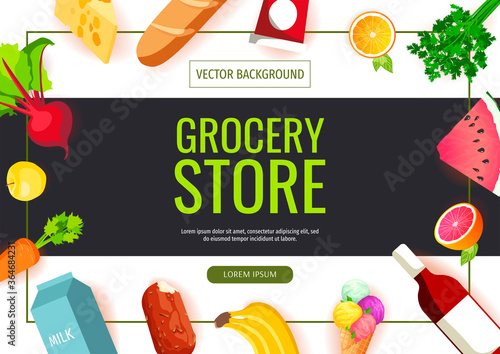 Set of fresh groceries. Grocery store, Shopping, Supermarket, Fresh food, Home delivery, Ordering, Sale concept. A4 vector illustration for poster, banner, flyer, advertising, promo, commercial.