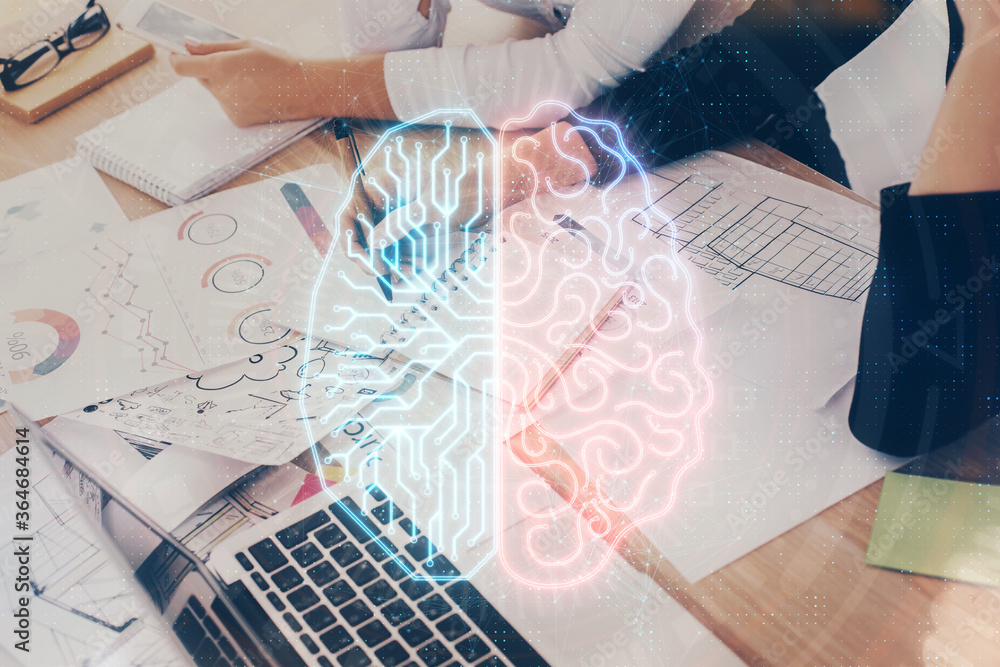 Double exposure of woman's writing hand on background with brain hud. Concept of learning. Double exposure of woman's writing hand on background with brain hud. Concept of learning.