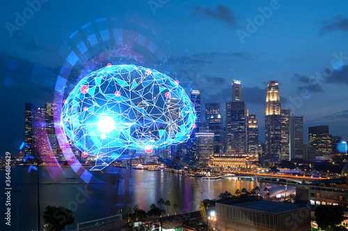 Human brain hologram, aerial panoramic city view of Singapore at night. Educational cluster in Asia. The concept of artificial intelligence. Double exposure.