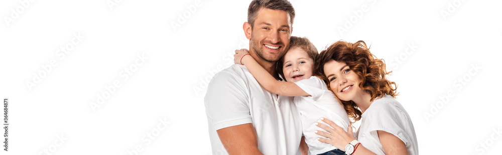 panoramic crop of cheerful woman and kid hugging man isolated on white panoramic crop of cheerful woman and kid hugging man isolated on white