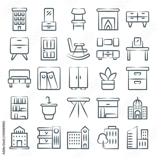  Modern Buildings Decorative Interiors Icons in Linear Style Pack 