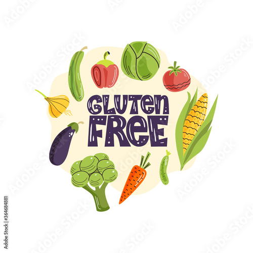 Gluten-free lettering phrase. Hand-drawn lettering illustration with vegetables on the light background.