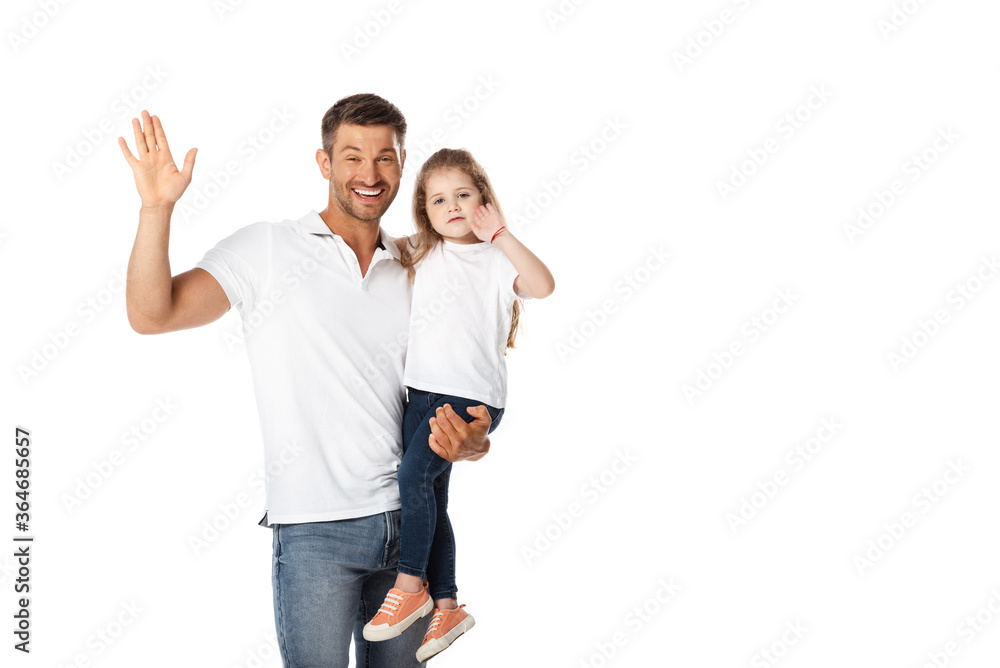 cheerful father holding in arms cute daughter and waving hand isolated on white cheerful father holding in arms cute daughter and waving hand isolated on white