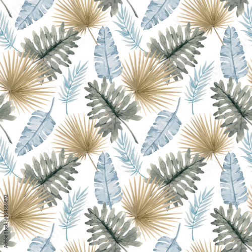 Fototapeta Naklejka Na Ścianę i Meble -  Beautiful vector seamless pattern with watercolor tropical leaves. Stock illustration