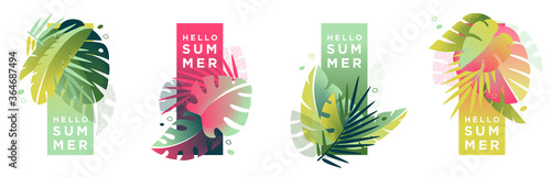 Tropical artistic banners set. Creative compositions of colorful palm leaves and abstract patterns with place for text. Summer sale posters, social media promotion design templates