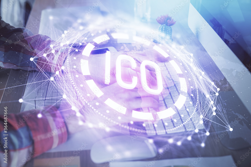 Blockchain theme hud with man working on computer on background. Concept of crypto chain. Double exposure. Blockchain theme hud with man working on computer on background. Concept of crypto chain. Double exposure.
