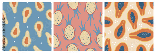 Set of three fresh fruit seamless patterns, colorful shapes, hand drawn food, papaya, dragon fruit, avocado in doodle flat style. Isolate vector illustrations. 