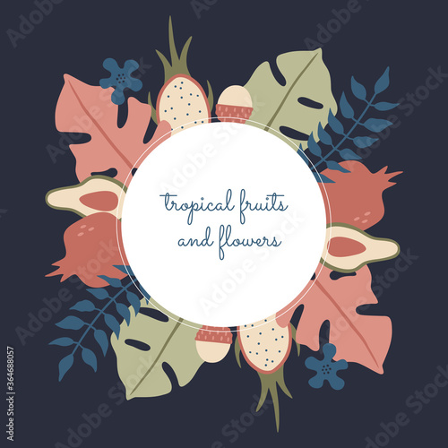 Colored tropical plants, leaves and fruits in circle, greeting card template. Posters, placards and banners template. Hand drawn vector illustration in modern flat style, isolated dark blue background
