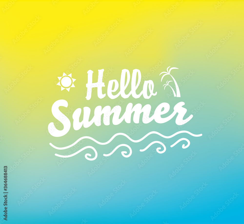 Hello summer. Text on a bright blue yellow gradient background with palm trees and waves. - Vector illustration Hello summer. Text on a bright blue yellow gradient background with palm trees and waves. - Vector illustration