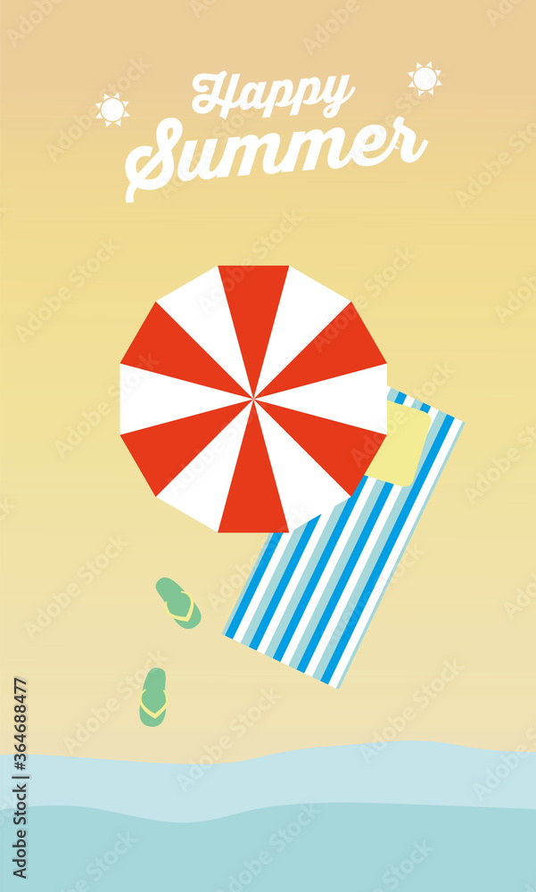 Hello Summer. Greeting card design with a beach scene. Seashore with