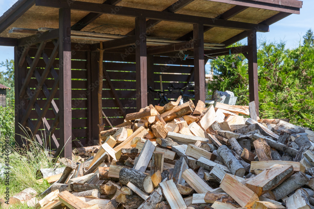 Firewood harvested for heating in winter. A pile of firewood in the courtyard of the house on the green grass Firewood harvested for heating in winter. A pile of firewood in the courtyard of the house on the green grass