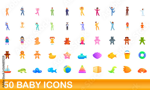 50 baby icons set. Cartoon illustration of 50 baby icons vector set isolated on white background