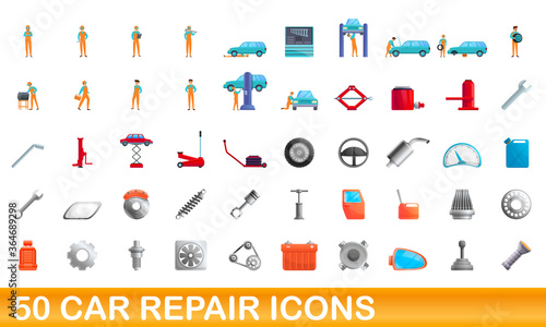 50 car repair icons set. Cartoon illustration of 50 car repair icons vector set isolated on white background