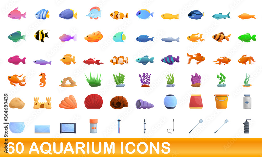 60 aquarium icons set. Cartoon illustration of 60 aquarium icons vector set isolated on white background 60 aquarium icons set. Cartoon illustration of 60 aquarium icons vector set isolated on white background