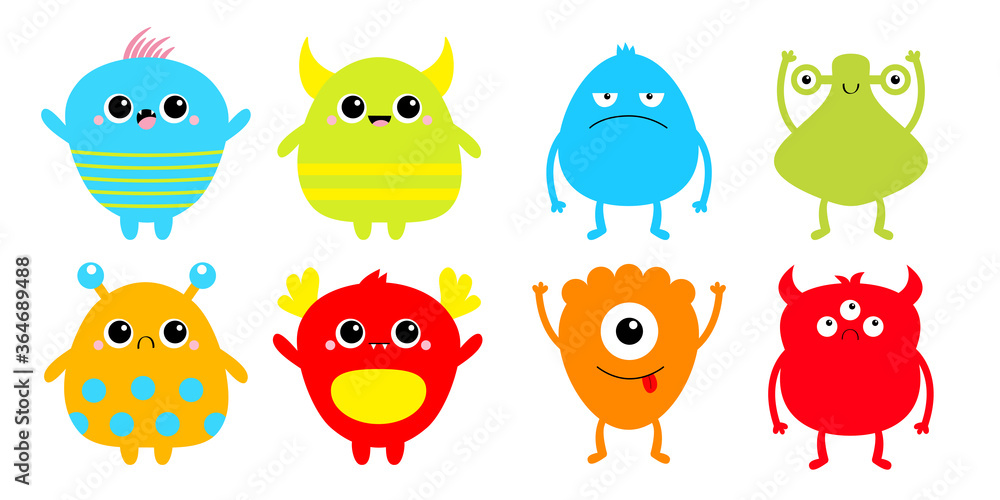 Happy Halloween. Monster set. Cute cartoon kawaii sad character icon. Eyes, horns, hands up, tongue. Funny baby collection. Colorful silhouette. White background. Isolated. Flat design. Happy Halloween. Monster set. Cute cartoon kawaii sad character icon. Eyes, horns, hands up, tongue. Funny baby collection. Colorful silhouette. White background. Isolated. Flat design.