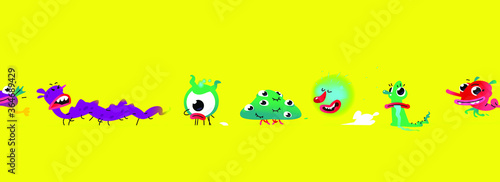 Illustrations of cute, pretty monster characters. Vector. Mascot for companies. Abstract creature. Characters isolated on a yellow background. Baby cartoon pets or mutants. Freaks.