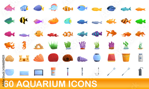 60 aquarium icons set. Cartoon illustration of 60 aquarium icons vector set isolated on white background © nsit0108