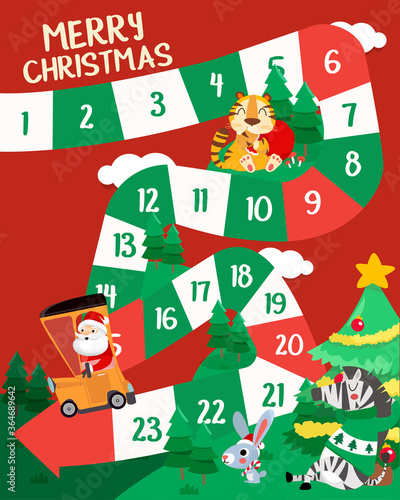 Vector flat style illustration of Merry Christmas with animals board game. For print. Cute Animal Theme.