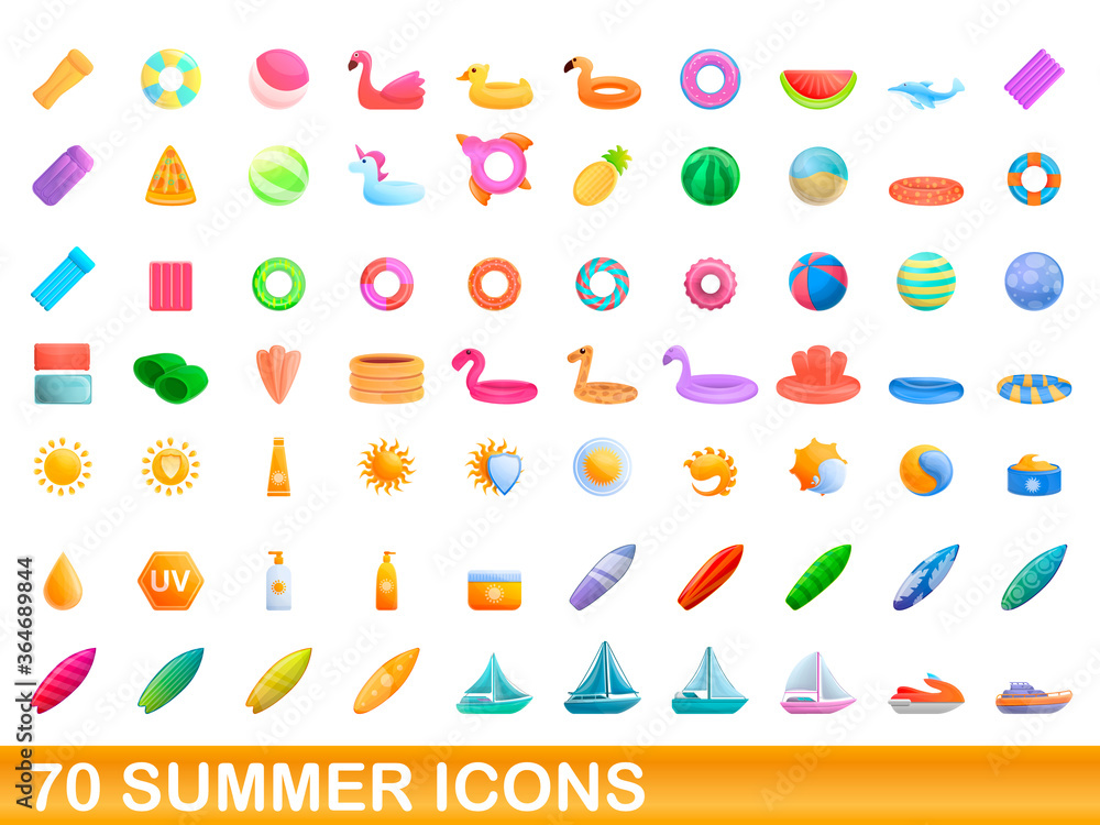 70 summer icons set. Cartoon illustration of 70 summer icons vector set isolated on white background 70 summer icons set. Cartoon illustration of 70 summer icons vector set isolated on white background