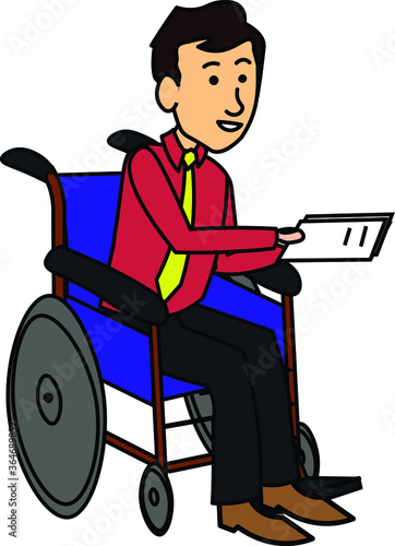 a disabled man holding documents sitting on a wheel chair