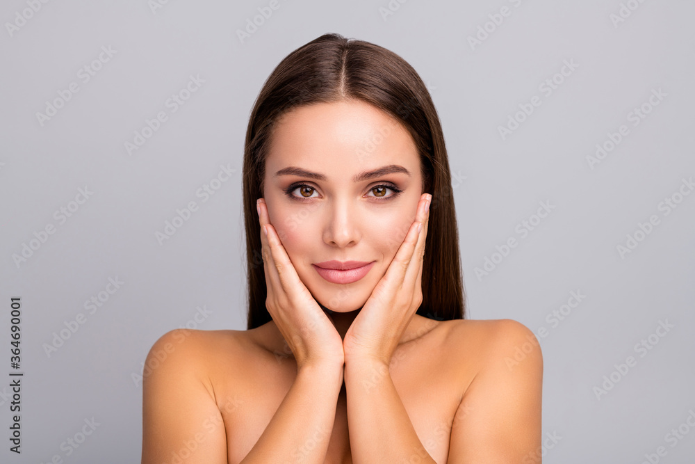 Close up photo lovely charming gorgeous girlish brown hair lady touch hands face look mirror enjoy her soft wellness skin after skin care spa salon treatment isolated grey color background. - obrazy, fototapety, plakaty 