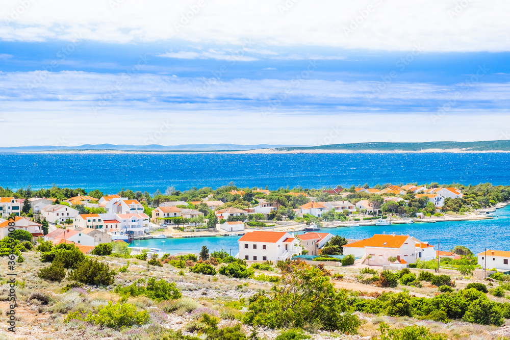 Croatia, village of Simuni on the island of Pag, panoramic view of beautiful Adriatic seascape and marina
