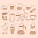 Doodle coffee shop icons. Vector coffee and tea drawings for the cafe menu	