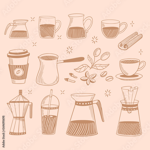 Doodle coffee shop icons. Vector coffee and tea drawings for the cafe menu 