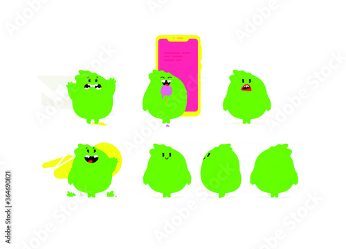 Illustration of a green kawaii monster. Vector. Cute cartoon baby dragon. Toy rubber mascot for the company. Character for animation. Emotions of a good, evil and friendly monster.