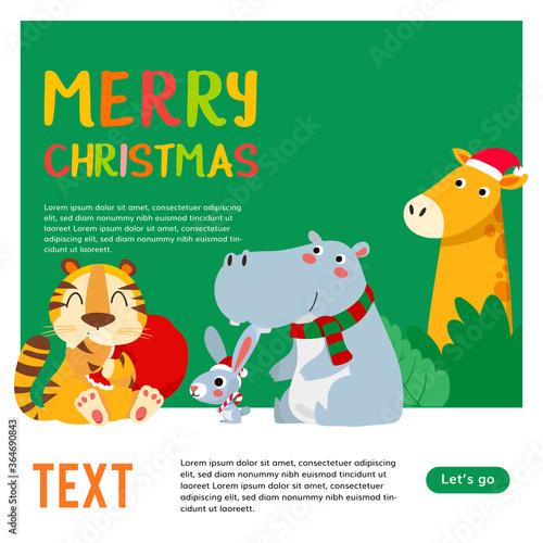 Merry Christmas. Christmas Cute Animals Character. Happy Christmas Companions. Tiger  rabbit  hippopotamus  giraffe and zebra scene.