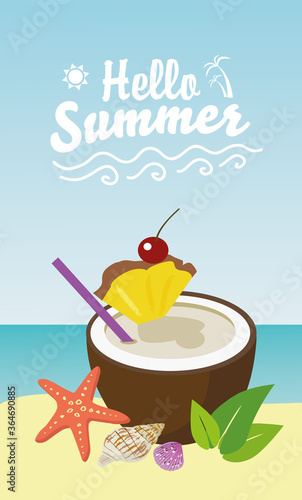 Pina colada cocktail in a coconut next to the seashells and sea star on the beach. Hello summer flyer design. - Vector