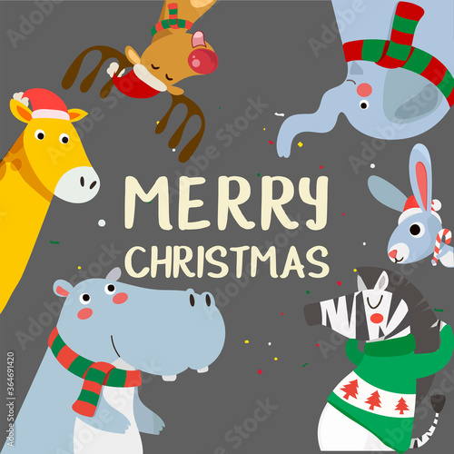 Merry Christmas greeting card with Tiger, rabbit, hippopotamus, giraffe, and zebra. Cute holiday cartoon character vector. Happy new year.
