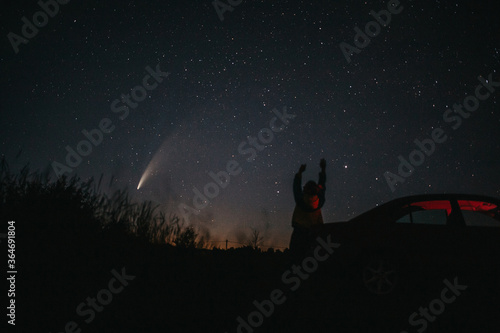 girl against starry sky and comet NEOWISE. Comet C / 2020 F3 NEOWISE Observation