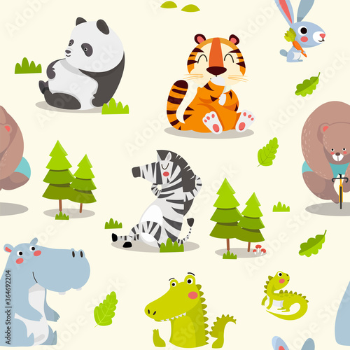 Seamless pattern with various cute and funny cartoon zoo animals on background crocodile, panda, tiger, bear, rabbit, iguana, hippopotamus, zebra. Colorful vector illustration for fabric print, 
