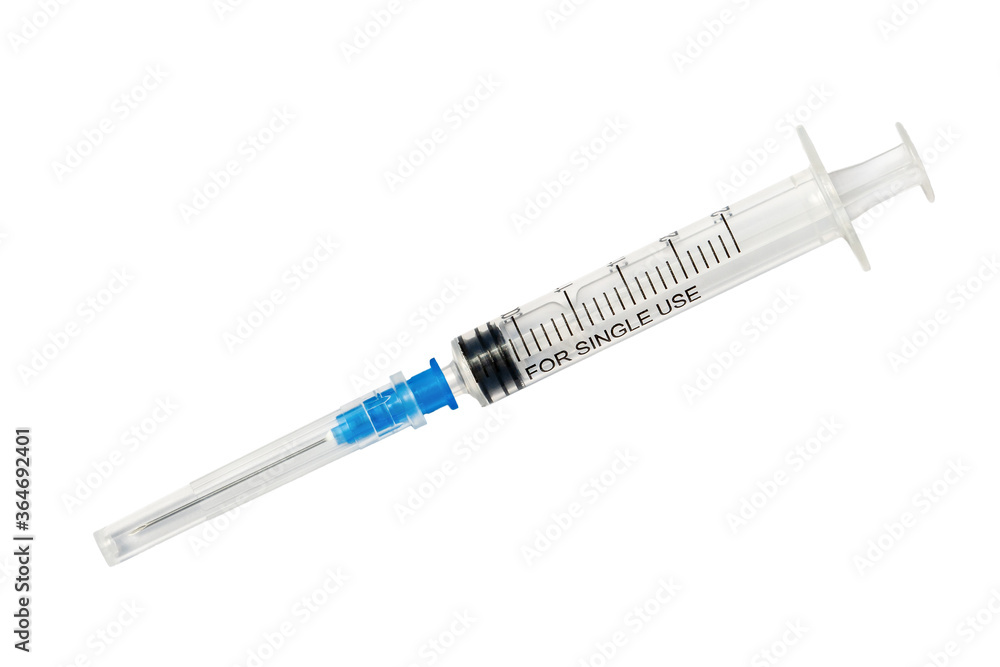 Plastic disposable syringe with protective cap isolated on white background Plastic disposable syringe with protective cap isolated on white background