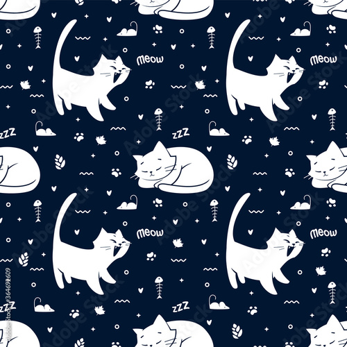 Hand drawn cute happy cat seamless pattern
