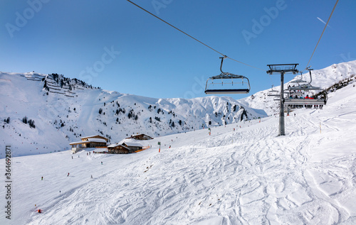  Ski slopes and lifts in Mayrhofen, Zillertal valley, Austria.