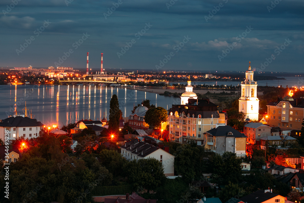 Fototapeta premium Night summer Voronezh skyline. Aerial view from the roof