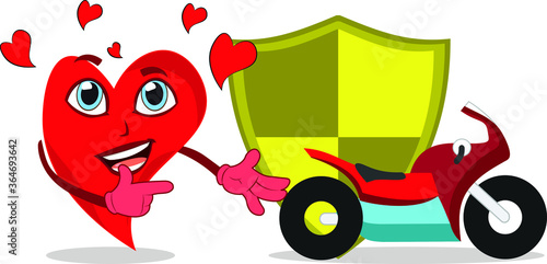 Lovely Heart Character presenting motor cycle with safety guard Insurance 