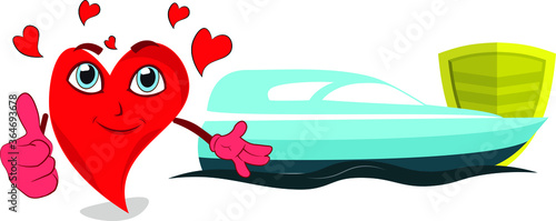 happy funny character love heart presenting motor boat insurance protection security