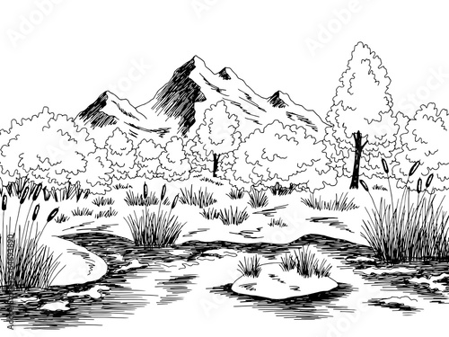 Bog swamp graphic black white landscape sketch illustration vector