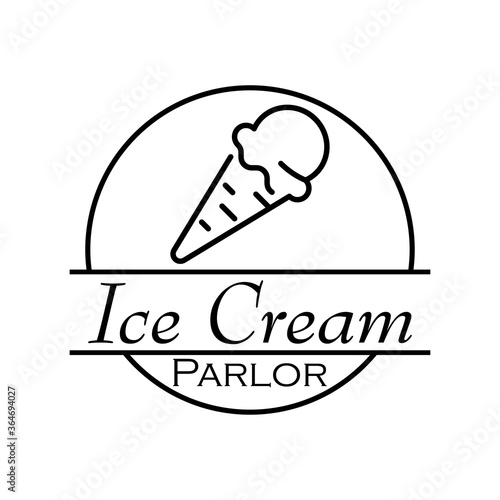 Concepto heladería. Logo lineal con texto Ice Cream Parlor en círculo con helado con cono de galleta en color negro