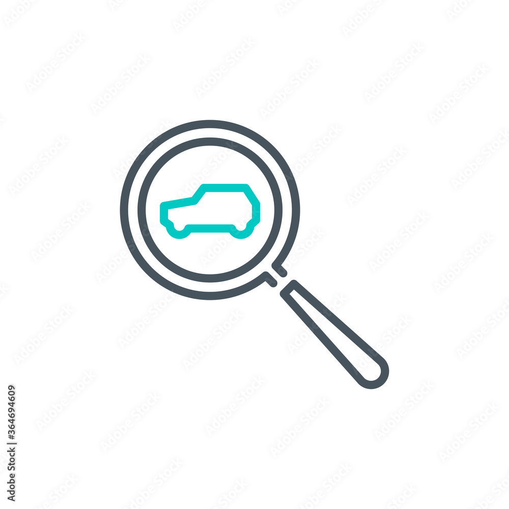 Rent Car with magnifier glass outline flat icon. Single quality outline logo search symbol for web design mobile app. Thin line design lease auto check logo. Loupe lens icon isolated white background Rent Car with magnifier glass outline flat icon. Single quality outline logo search symbol for web design mobile app. Thin line design lease auto check logo. Loupe lens icon isolated white background