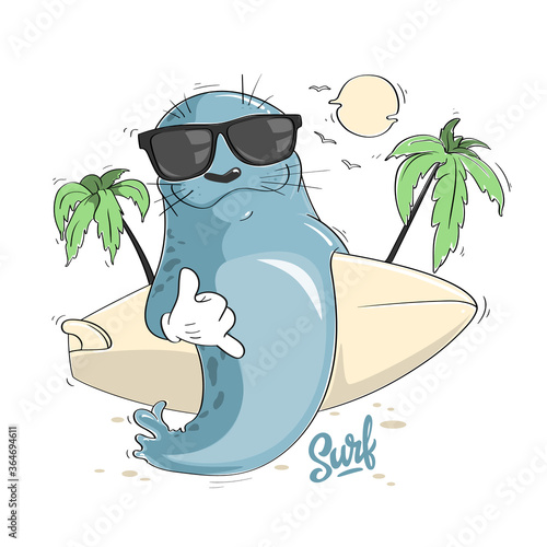 Cartoon seal with surf board and sunglasses, aloha vector design